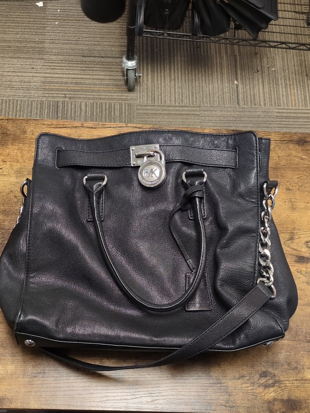 Michael Kors Black Leather Tote with Silver Chain Detail